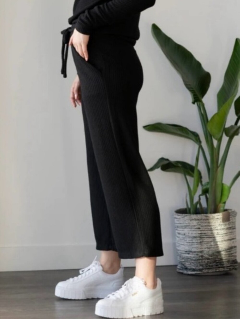 Black Ribbed Cropped Drawstring Pants by Rebecca King